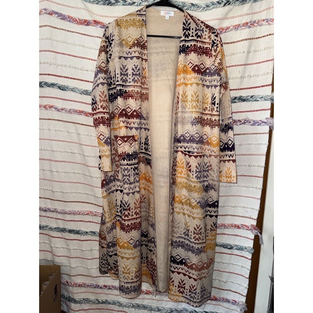 Lularoe LLR Sarah Duster Cardigan Size Medium With Pockets Aztec Pattern